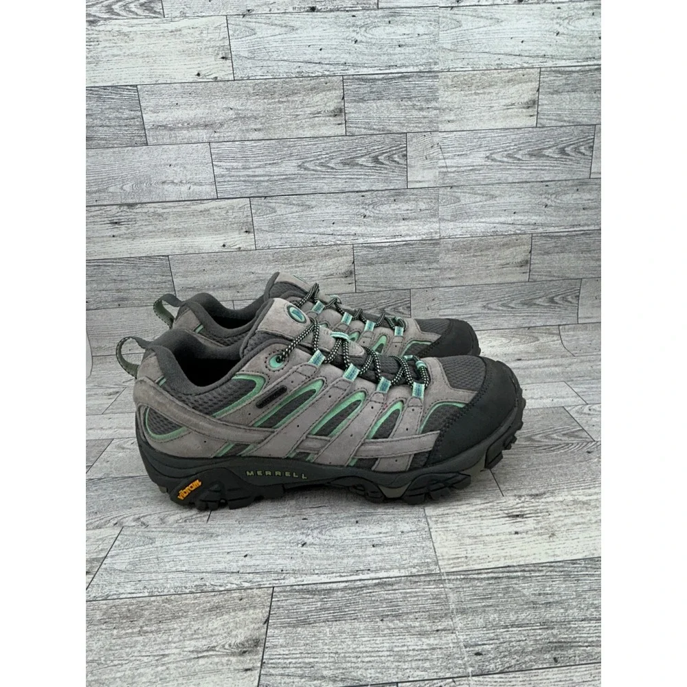 Merrell Moab 2‎ Waterproof Hiking Shoes Women 10 Drizzle Gray Mint Green Vibram